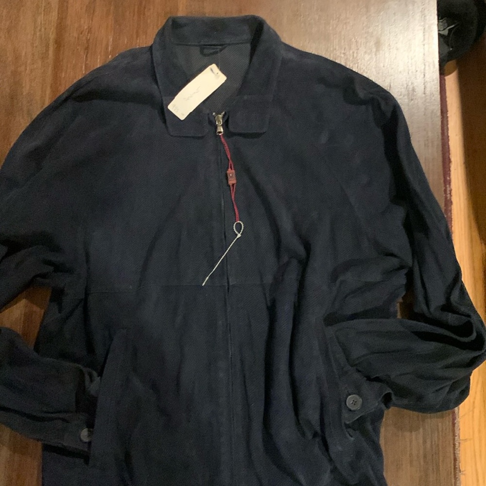 Bruno Magli suede navy blue full zip light weight jacket size 40